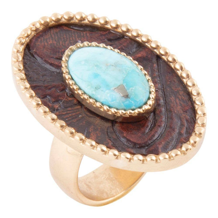 Ring-Blue Turquoise Rosette Leather Golden