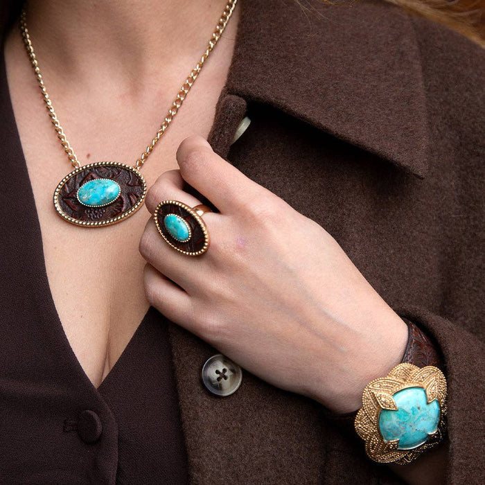 Ring-Blue Turquoise Rosette Leather Golden