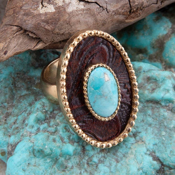 Ring-Blue Turquoise Rosette Leather Golden