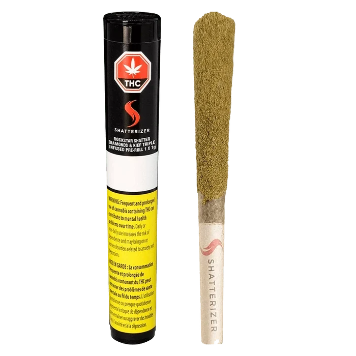 Front view of the Rockstar Triple Infused Pre Rolled 1 x 1 g package with vibrant colors and prominent THC warning.