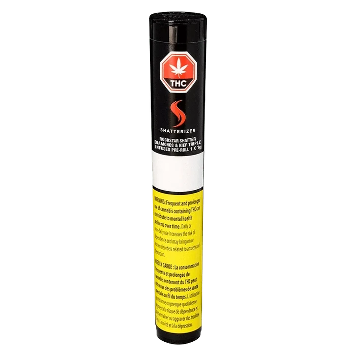 Close-up of the Rockstar Triple Infused Pre Rolled 1 x 1 g package with a warning label against prolonged use.