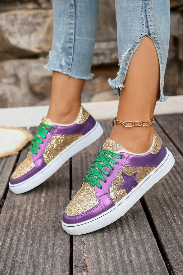 Rose Gold Glitter Star Patchwork PU Leather Lace-up Sneakers 🇺🇸