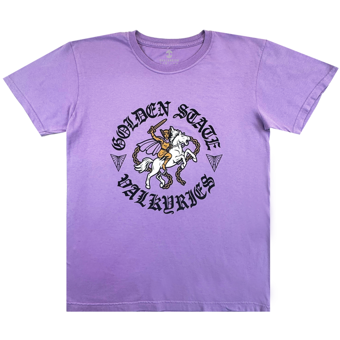 The GSV ROTV Tee is a 100% cotton, lavender Classic fit shirt with a valkyrie on a white horse, “Golden State Valkyries” in medieval font, and two diamonds flanking the horse.
