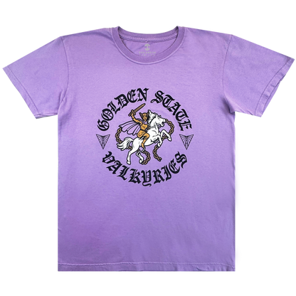 The GSV ROTV Tee is a 100% cotton, lavender Classic fit shirt with a valkyrie on a white horse, “Golden State Valkyries” in medieval font, and two diamonds flanking the horse.