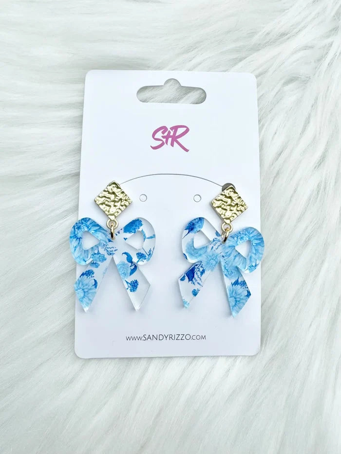 Blue & White Toile Bow Earrings