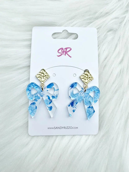 Blue & White Toile Bow Earrings