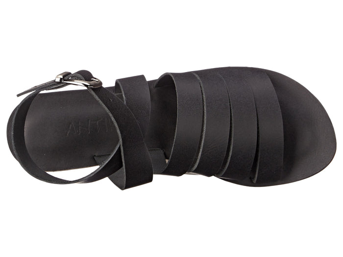 Santa Monica Blvd black, handmade leather sandals with anklet strap and buckle  - top View