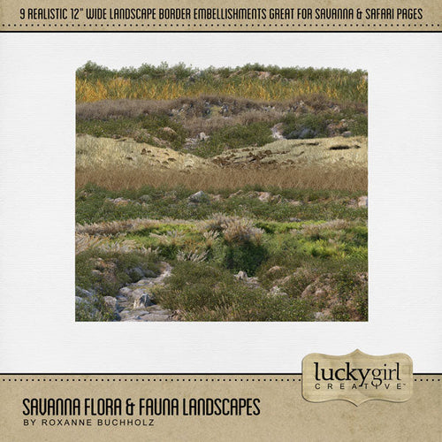 Be inspired by the beautiful savanna with these realistic grassland landscapes by Lucky Girl Creative digital art. Perfect for creating pages of vacations to Africa, Australia, and the desert. Each landscape embellishment is 12" wide and great for page borders. The Savanna Flora & Fauna Landscapes is included in the Savanna Flora & Fauna Mega Bundle.