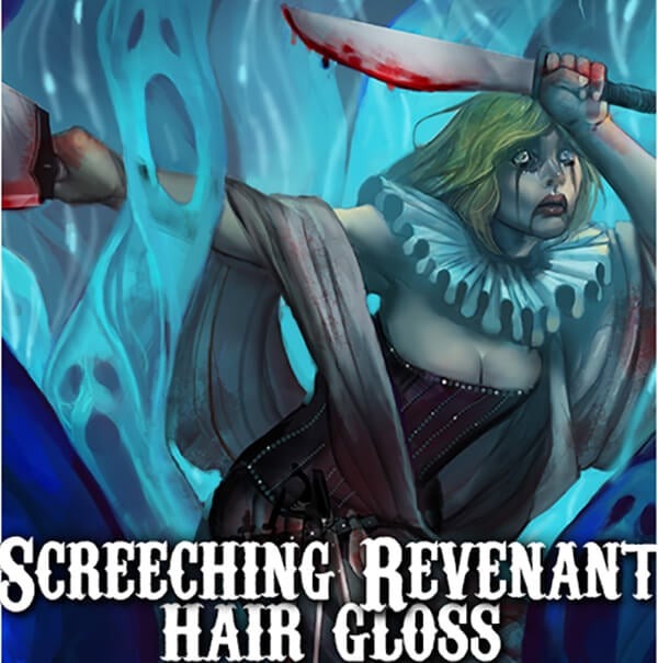 Illustration of a character with a weapon and text 'Screeching Revenant Hair Gloss' on a blue background
