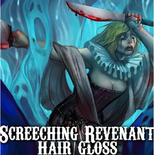 Illustration of a character with a weapon and text 'Screeching Revenant Hair Gloss' on a blue background