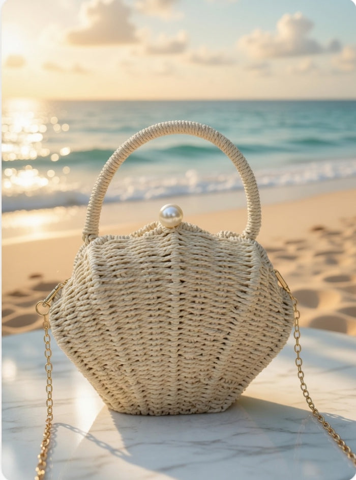 Grace Beauty shell-shaped raffia clutch handbag with woven design and pearl detail, featuring a crossbody shoulder strap.