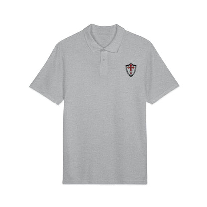 Shield Polo Shirt — Classic Crest Logo on Heather Gray (Heat Press)