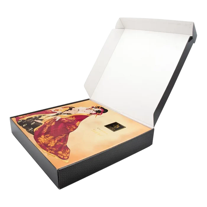 Shunga Calendar of Desires åpen julekalender med illustrert lokk og teksturert svart kartong