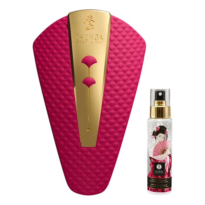 Shunga Gentle Cleanser for intime tilbehør med rosa skjoldformet dispenser og sprøyteflaske