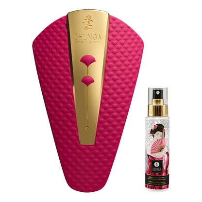 Shunga Gentle Cleanser for intime tilbehør med rosa skjoldformet dispenser og sprøyteflaske