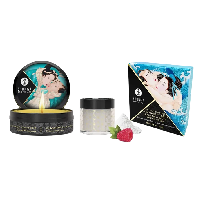 Shunga massasjelys Island Blossoms, havsaltbad Moonlight og intim krem i blått og svart design