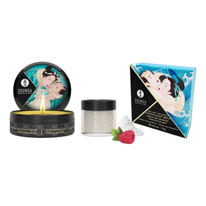 Shunga massasjelys Island Blossoms, havsaltbad Moonlight og intim krem i blått og svart design