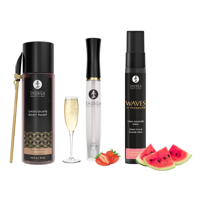 Shunga sjokolade kroppsmaling, vannmelon oral spray og champagne glass med Aphrodisiac Chocolate smak