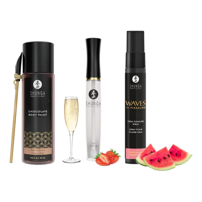 Shunga sjokolade kroppsmaling, vannmelon oral spray og champagne glass med Aphrodisiac Chocolate smak