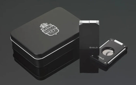 Siglo Set Black Twin Single Torch and Soft Flame Lighter with Straight Cigar Cutter - 10012371D
