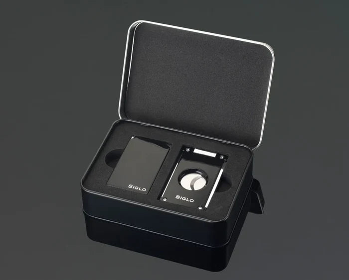 Siglo Set Black Twin Single Torch and Soft Flame Lighter with Straight Cigar Cutter - 10012371D