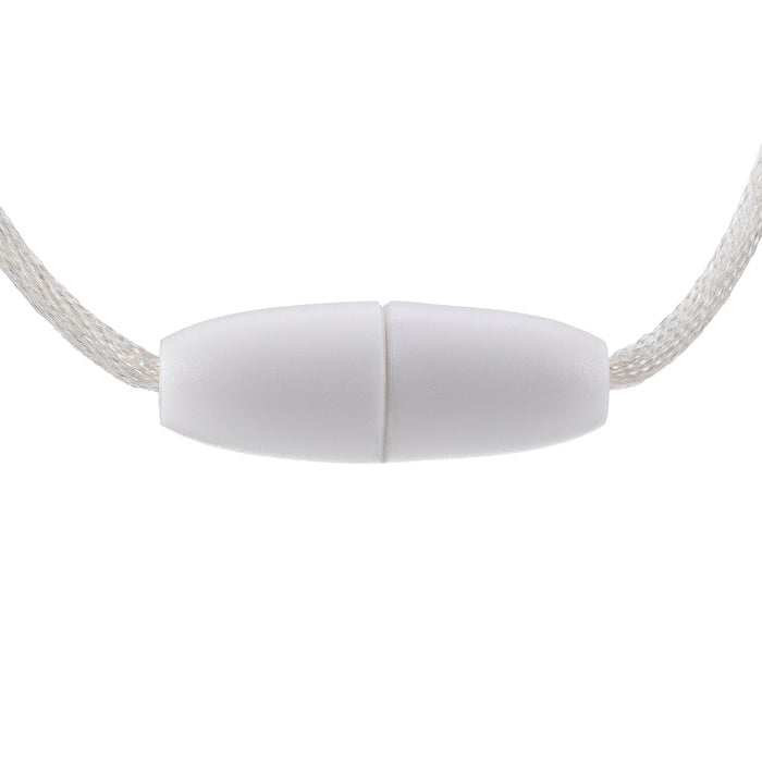 Close-up of a white breakaway safety clasp joining two ends of a braided white cord for the Nuby Silicone Teething Necklace, shown against a plain, uncluttered background.