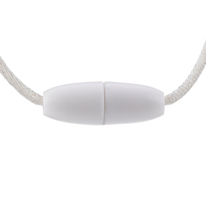 Close-up of a white breakaway safety clasp joining two ends of a braided white cord for the Nuby Silicone Teething Necklace, shown against a plain, uncluttered background.