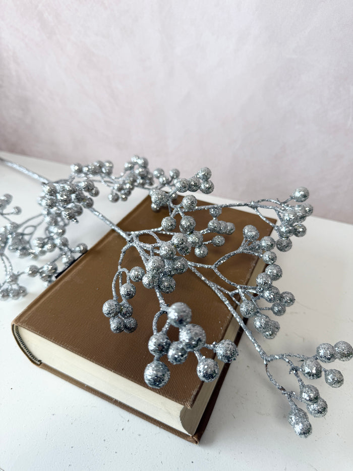 Silver Glittered Berry Spray