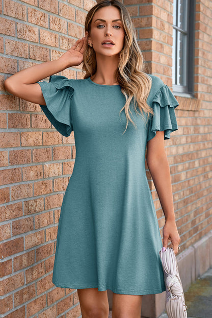Skobeloff Solid Color Round Neck Double Ruffle Short Sleeve Dress 🇺🇸