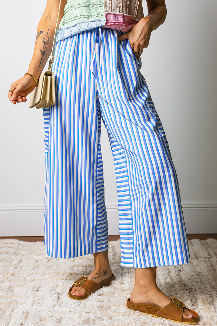 Sky Blue Stripe Drawstring Elastic Waist Patch Pocket Wide Leg Ankle-length Pants 🇺🇸