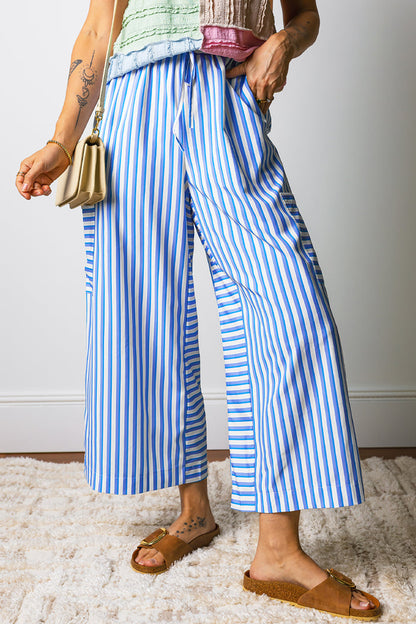 Sky Blue Stripe Drawstring Elastic Waist Patch Pocket Wide Leg Ankle-length Pants 🇺🇸