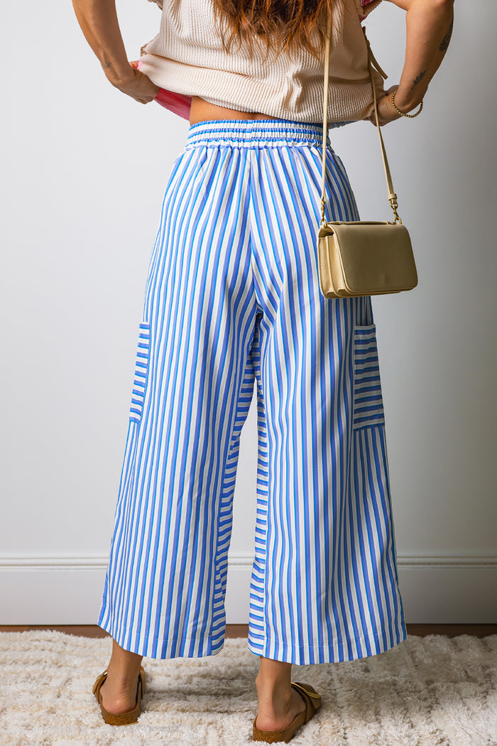 Sky Blue Stripe Drawstring Elastic Waist Patch Pocket Wide Leg Ankle-length Pants 🇺🇸