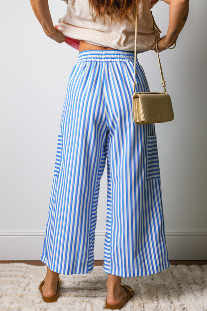 Sky Blue Stripe Drawstring Elastic Waist Patch Pocket Wide Leg Ankle-length Pants 🇺🇸