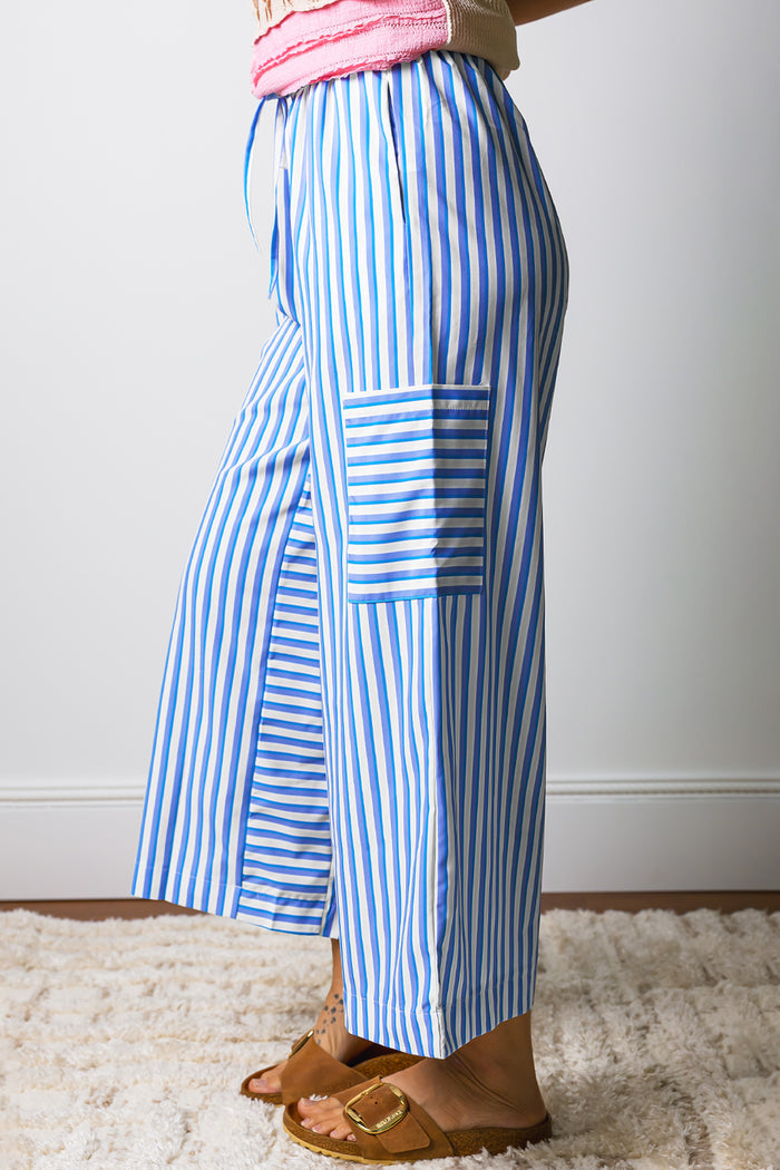 Sky Blue Stripe Drawstring Elastic Waist Patch Pocket Wide Leg Ankle-length Pants 🇺🇸