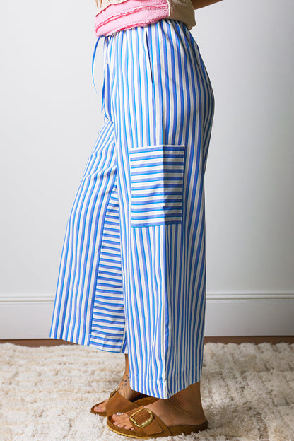 Sky Blue Stripe Drawstring Elastic Waist Patch Pocket Wide Leg Ankle-length Pants 🇺🇸