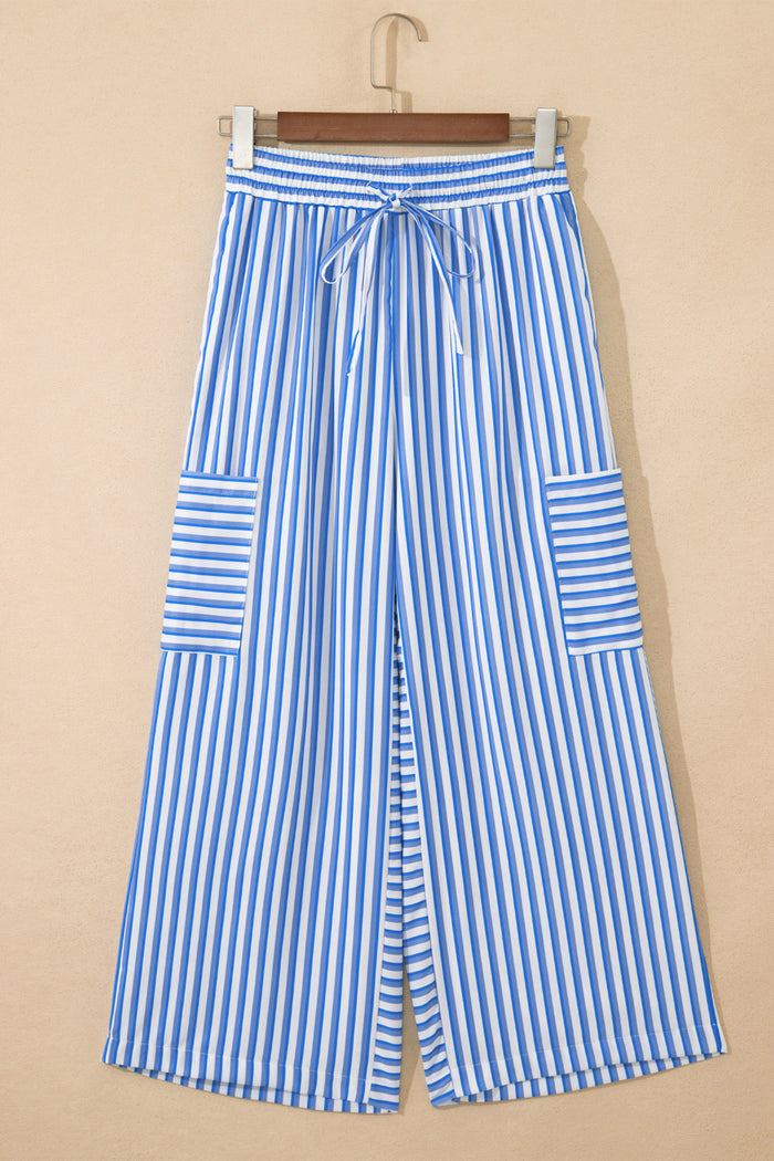 Sky Blue Stripe Drawstring Elastic Waist Patch Pocket Wide Leg Ankle-length Pants 🇺🇸