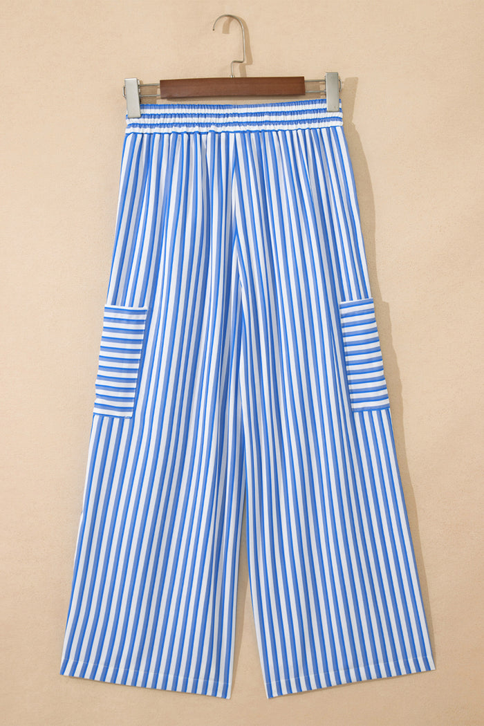 Sky Blue Stripe Drawstring Elastic Waist Patch Pocket Wide Leg Ankle-length Pants 🇺🇸