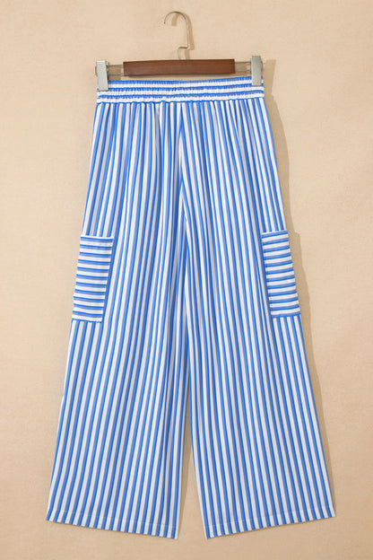 Sky Blue Stripe Drawstring Elastic Waist Patch Pocket Wide Leg Ankle-length Pants 🇺🇸