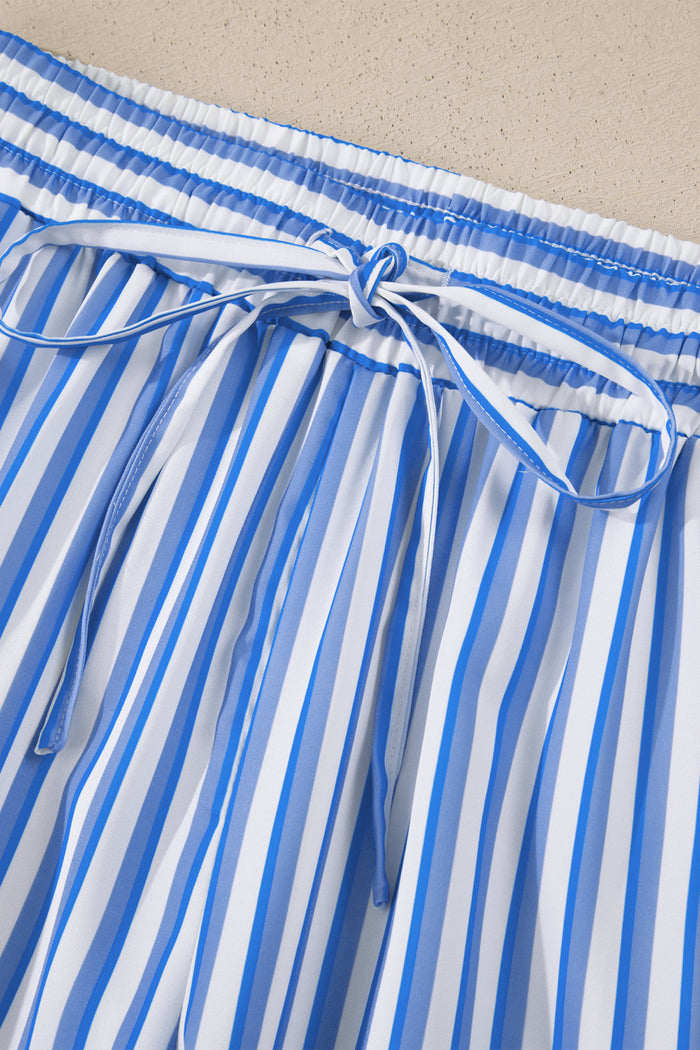 Sky Blue Stripe Drawstring Elastic Waist Patch Pocket Wide Leg Ankle-length Pants 🇺🇸