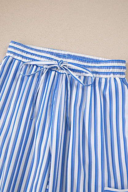 Sky Blue Stripe Drawstring Elastic Waist Patch Pocket Wide Leg Ankle-length Pants 🇺🇸