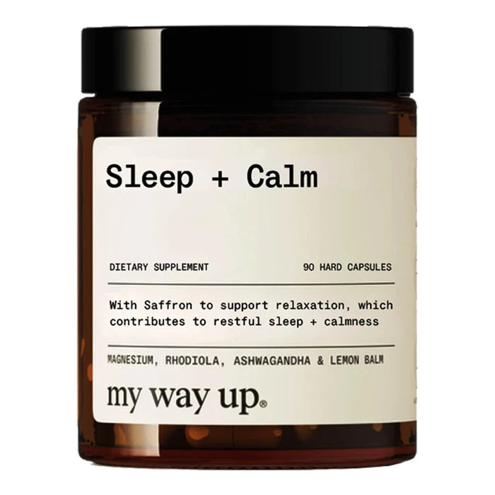 Dietary supplement jar labeled 'Sleep + Calm' with a white label on a white background