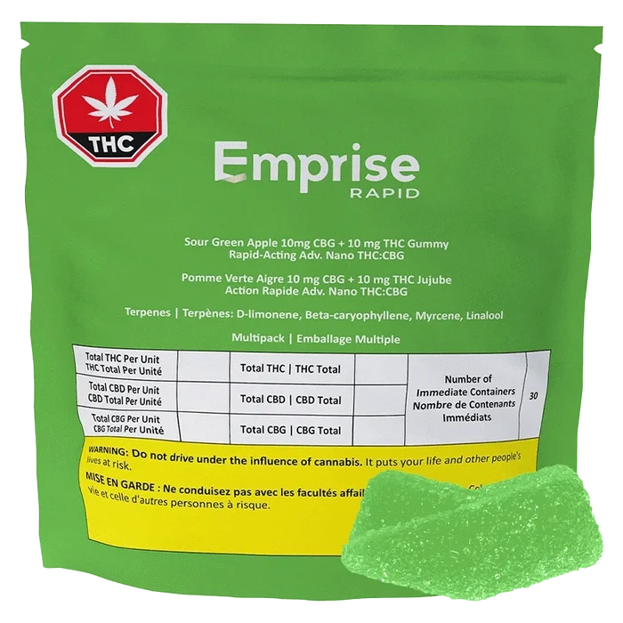 Rear view of a green pouch labeled Emprise Rapid Sour Green Apple Gummies with a THC warning badge and one green sugar-coated gummy at the lower right