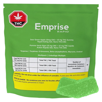 Rear view of a green pouch labeled Emprise Rapid Sour Green Apple Gummies with a THC warning badge and one green sugar-coated gummy at the lower right