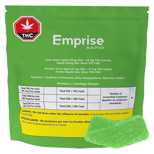 Rear view of a green pouch labeled Emprise Rapid Sour Green Apple Gummies with a THC warning badge and one green sugar-coated gummy at the lower right