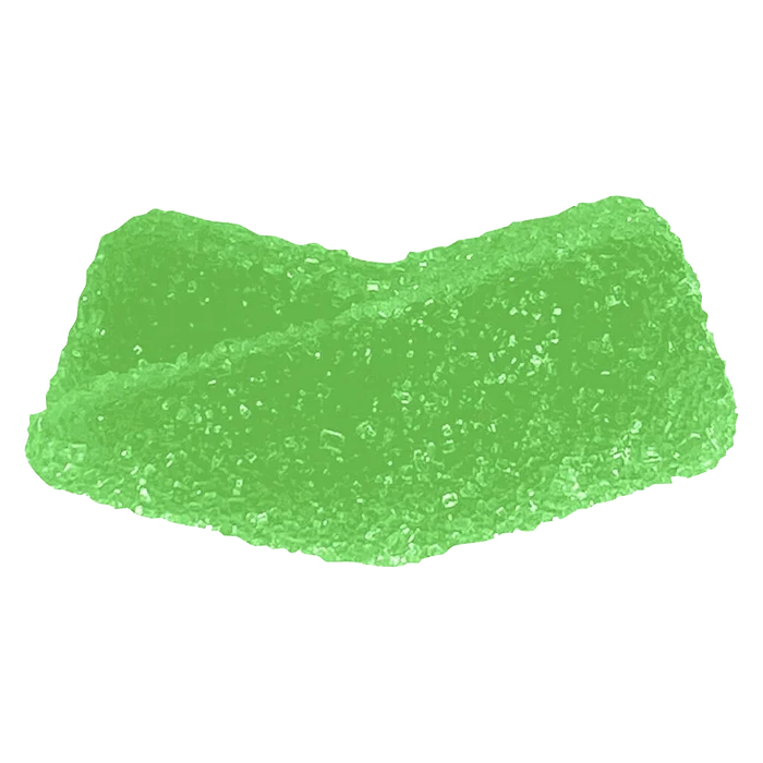 Close-up of two sugar-coated Sour Green Apple Gummies showing bright translucent green color and granular sugar texture.
