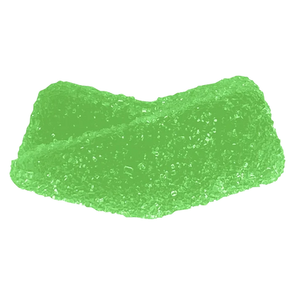 Close-up of two sugar-coated Sour Green Apple Gummies showing bright translucent green color and granular sugar texture.