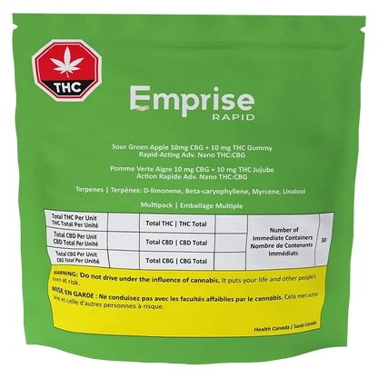 Front-facing shot of the green Emprise Rapid Sour Green Apple Gummies pouch with white text, a red THC symbol at top left, and a yellow warning band near the bottom.