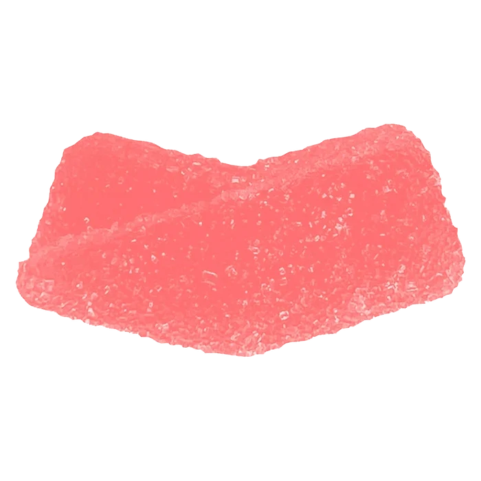 Close-up of a single pink Sour Raspberry Gummies candy with granular sugar crystals visible on its curved surface.