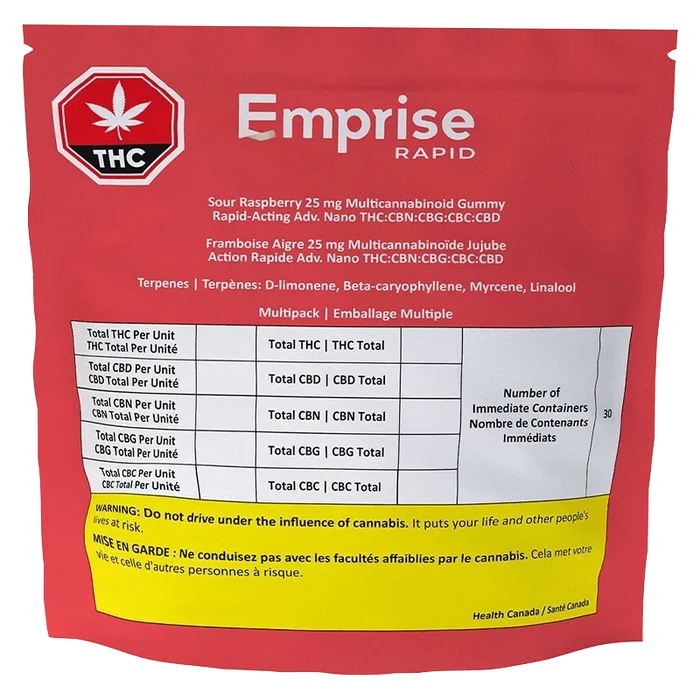 Front-facing shot of the red Emprise Rapid Sour Raspberry Gummies pouch with white logo, ingredient table and a yellow warning panel at the bottom