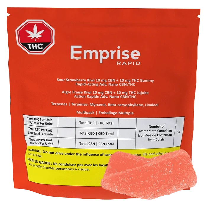 Front-facing image of the red Emprise Rapid Sour Strawberry Kiwi Gummies 30 Pack pouch with a single pink sugar-coated gummy in the lower right.